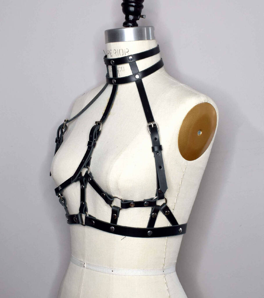 Suzy High Black Neck Leather Harness Bra with Attached Double Collar