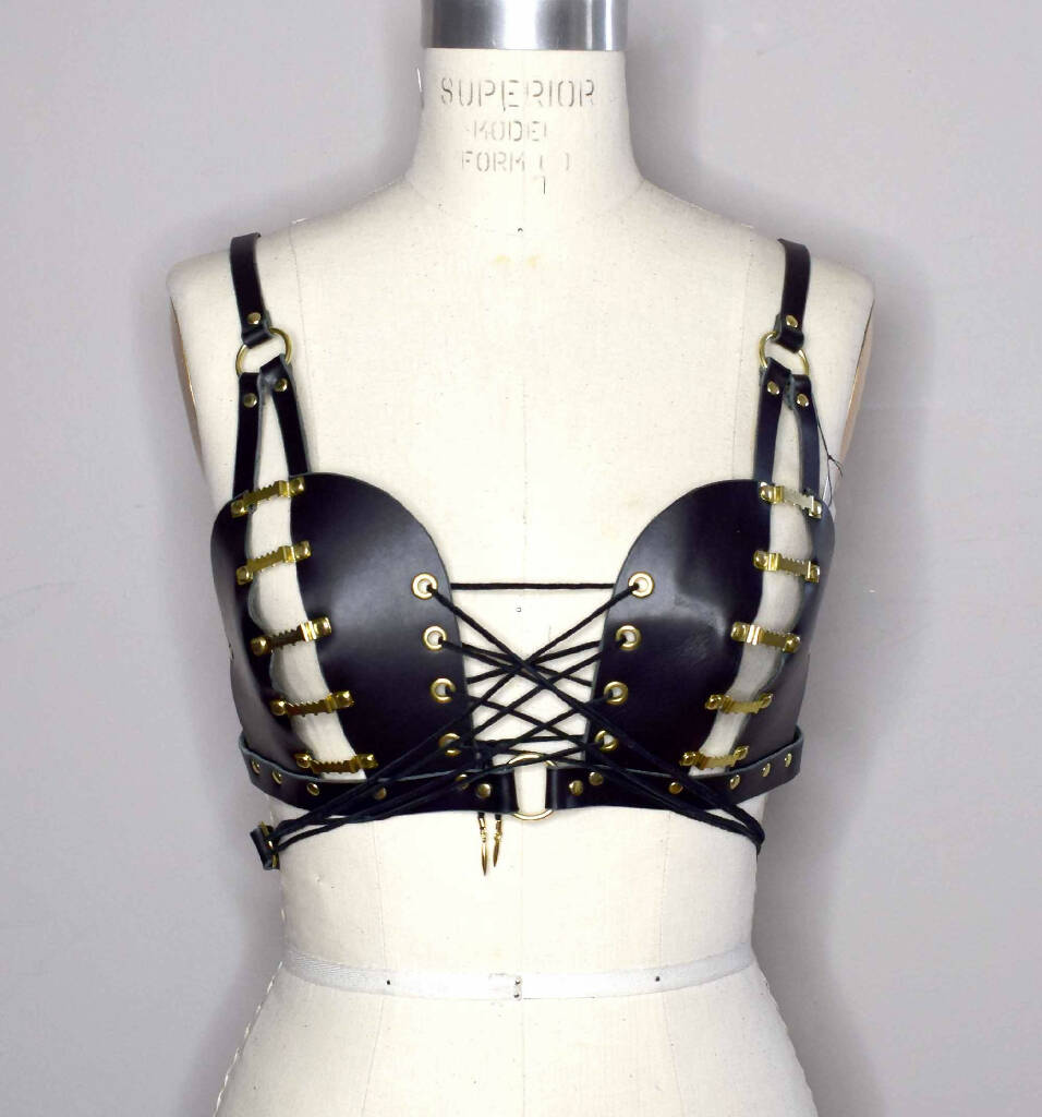 Gigi Fan Lace Sweetheart Leather Bra