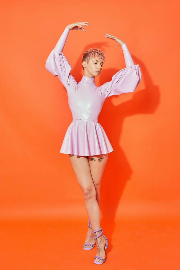 FULL-CIRCLE LATEX BODYSUIT MINI DRESS WITH BISHOP SLEEVES ( PICK YOUR COLOUR )