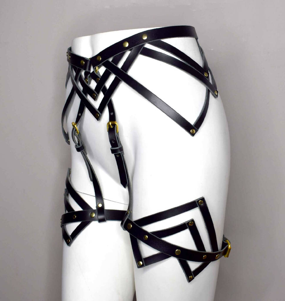 Vesta Black Leather Leg Harness with Triangle Detailing and Attached Leg Garter Belts