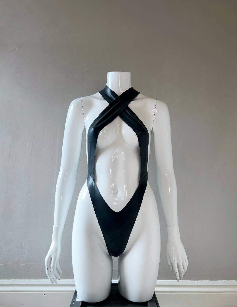 Latex Criss Cross Adjustable Strap One Piece Bodysuit with Open Stomach and Back. Custom Made