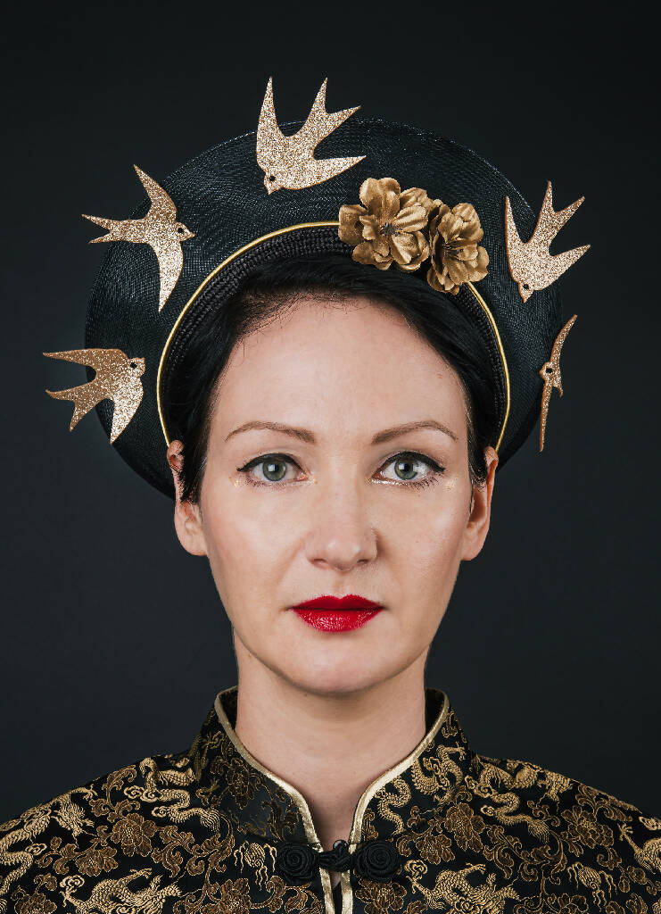Black and gold halo headpiece with swallows and roses