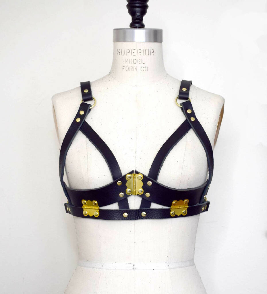 God Killer Black Leather Shelf Bra