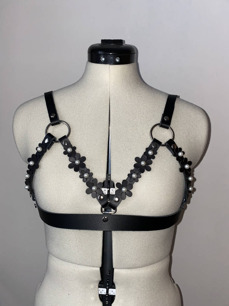 Black Pearl Blossom Leather Cage Harness Bra