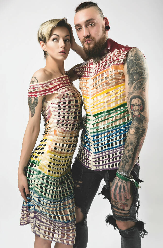 Mesh Latex Rainbow Sleeveless Collared Shirt