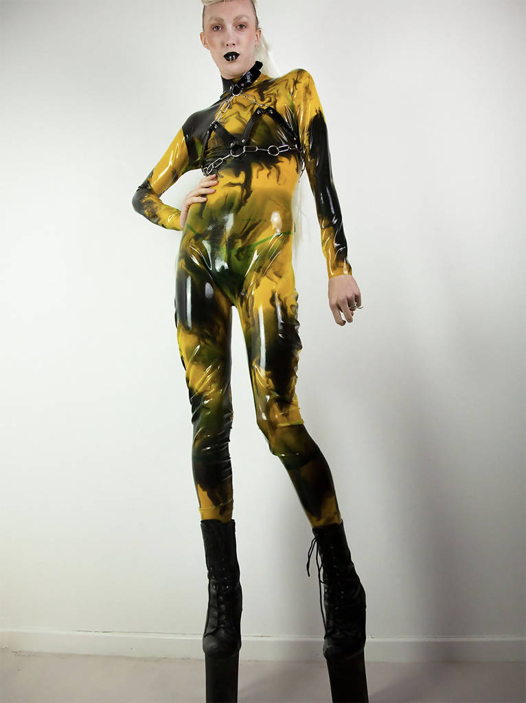 Marble yellow black latex catsuit