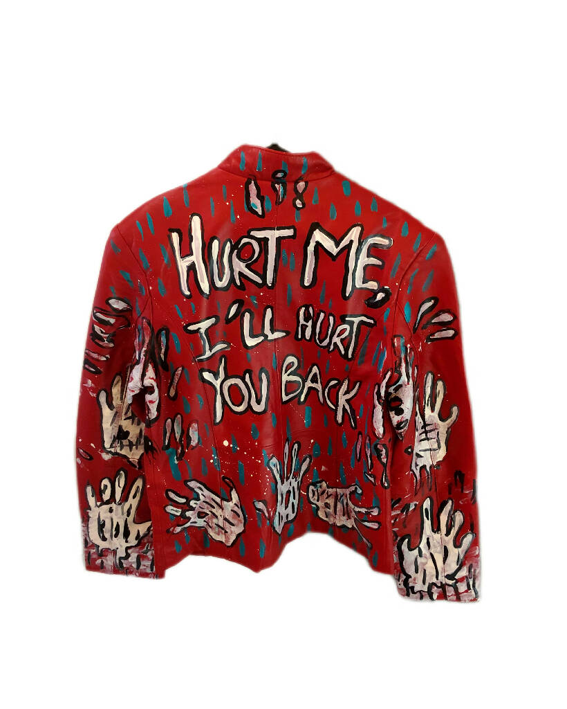 Revenge hand-painted vintage red leather jacket (Size S)