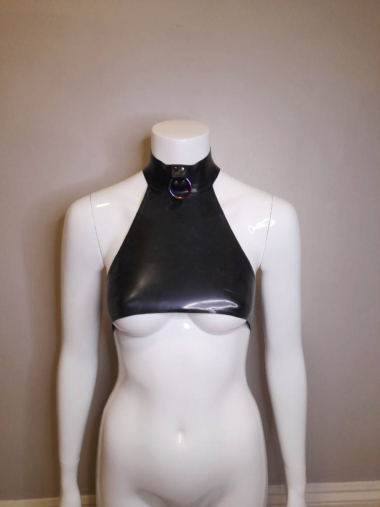 Latex Halter Neck Crop Top with O-ring Collar, Custom Made