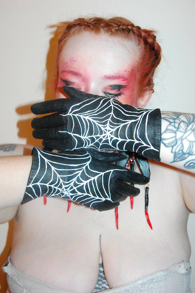 Black Leather Spider Web Gloves