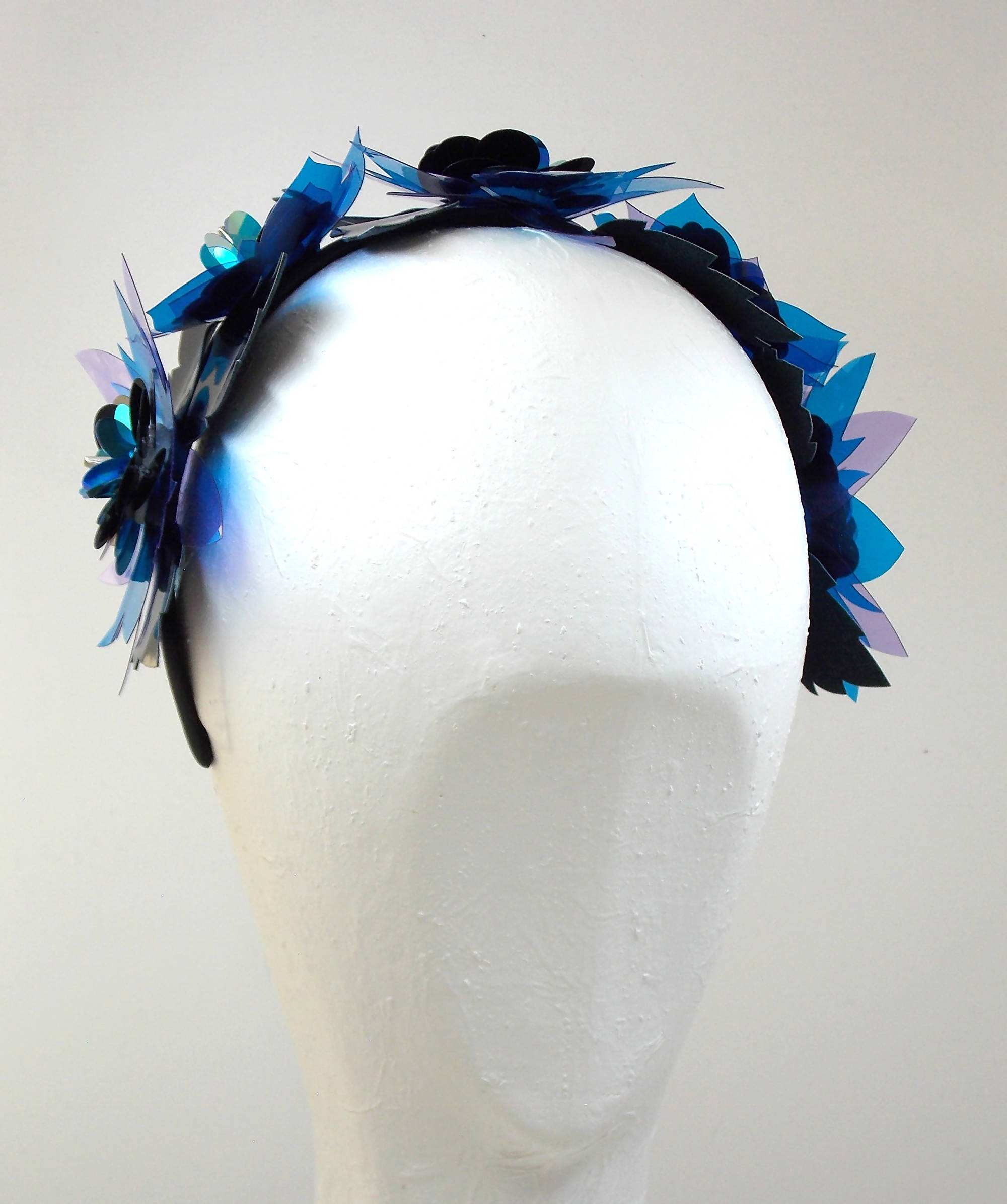 Purple, blue and black vinyl flower hair band