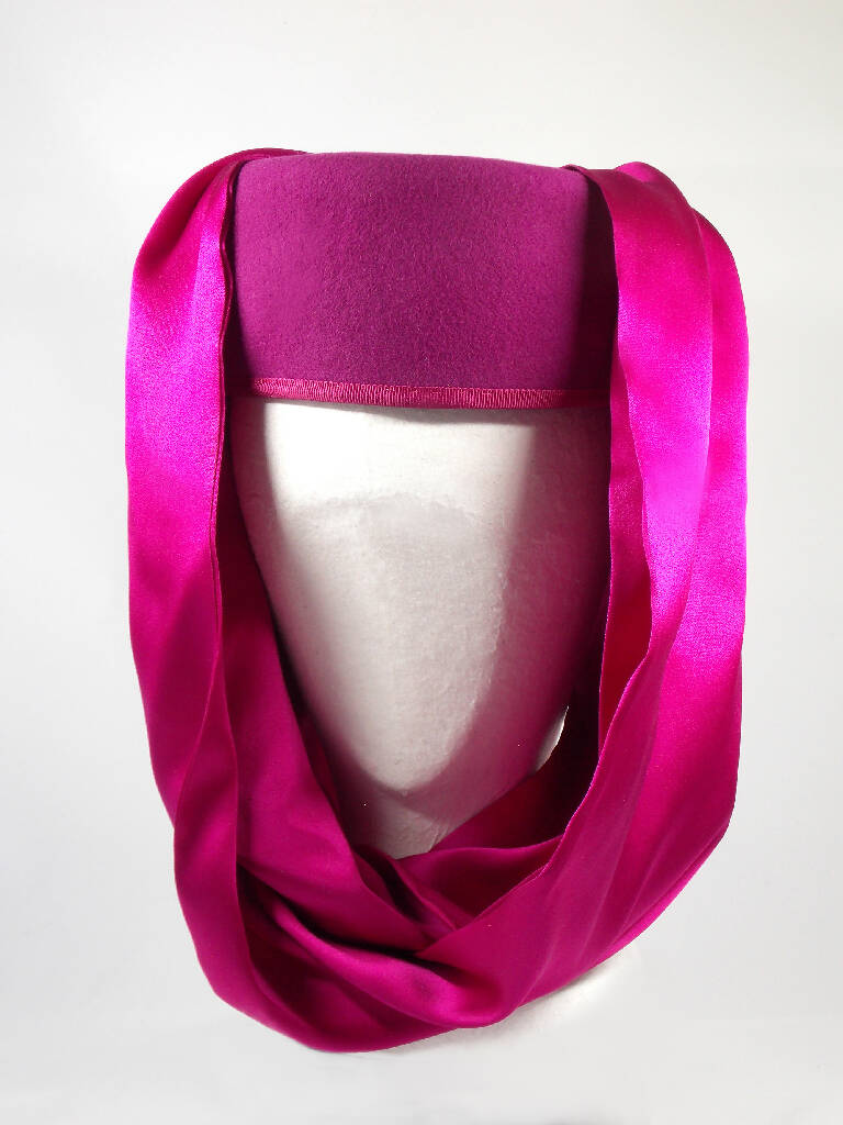Hot cerise pink hat with draped silk cowl