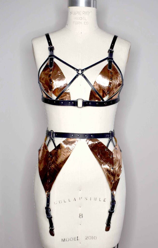 Xenia Rose Gold Crotchless Leather Bikini