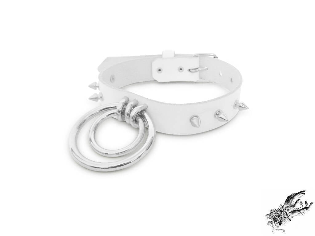 Leather Studded Double O Ring Collar - Leather Studded O Ring Choker