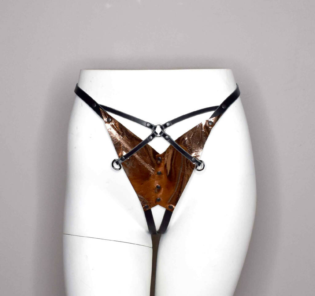 Xenia Rose Gold Crotchless Leather Bikini