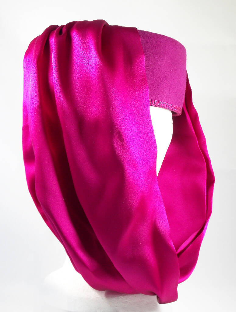 Hot cerise pink hat with draped silk cowl