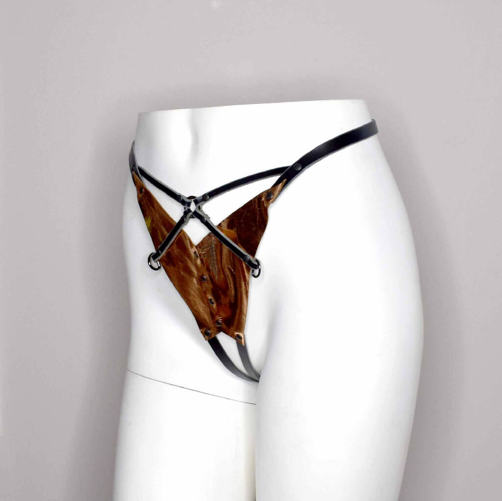 Xenia Rose Gold Crotchless Leather Bikini
