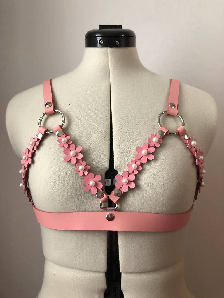 Pink Pearl Blossom Leather Cage Harness Bra (XXS-M) Ready To Ship