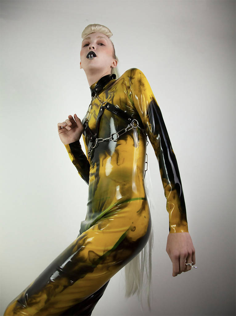 Marble yellow black latex catsuit