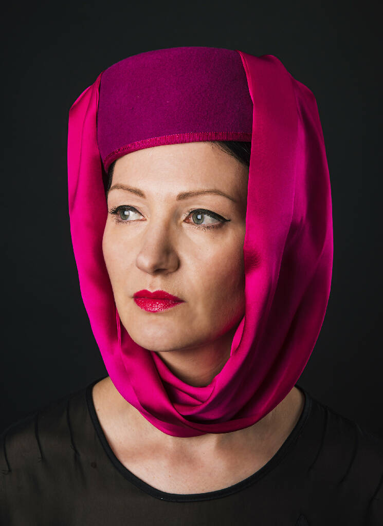 Hot cerise pink hat with draped silk cowl