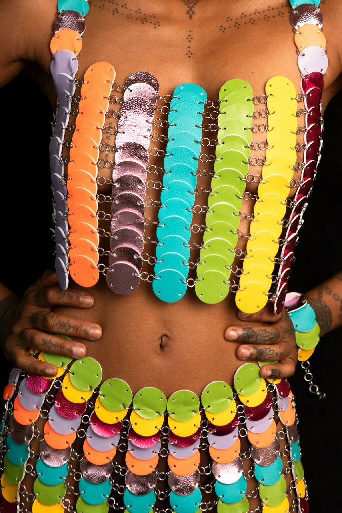 Custom Rainbow co-ord (skirt, top, cuff and earrings)