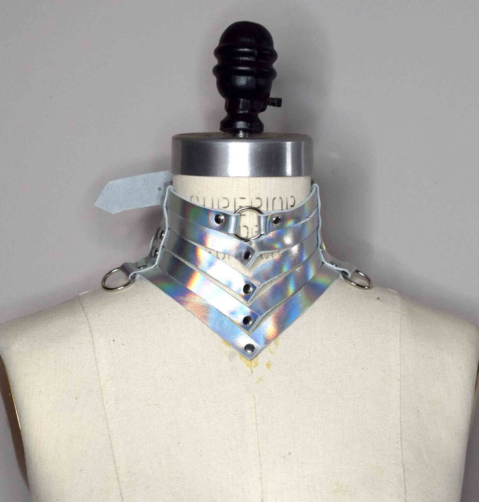 Victoria Holographic Silver Leather Gorget Style Collar