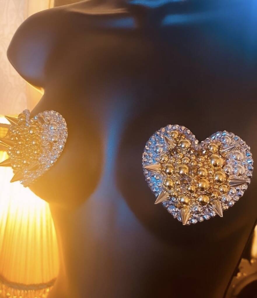 Two Tone Gold & Silver Spiked Heart pasties