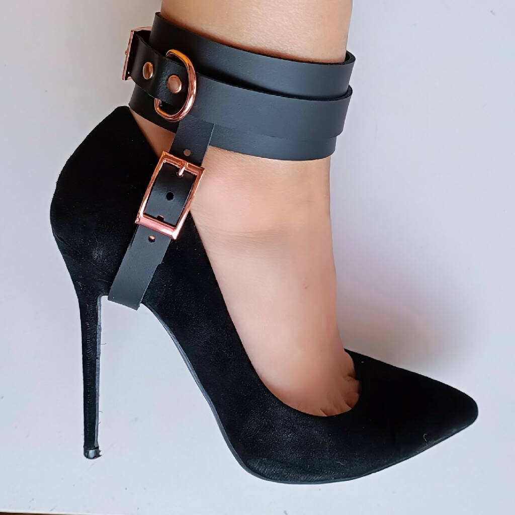 Ankle cuffs with high heel strap, High heel cuffs, Handmade from premium leather and rose gold elements