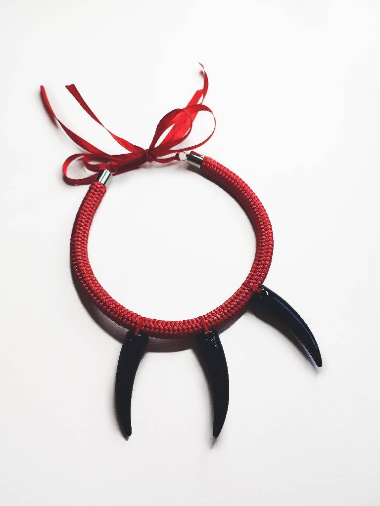 Princess Mononoke Inspired Shibari Rope Choker Necklace • Black Fang Red Ribbon