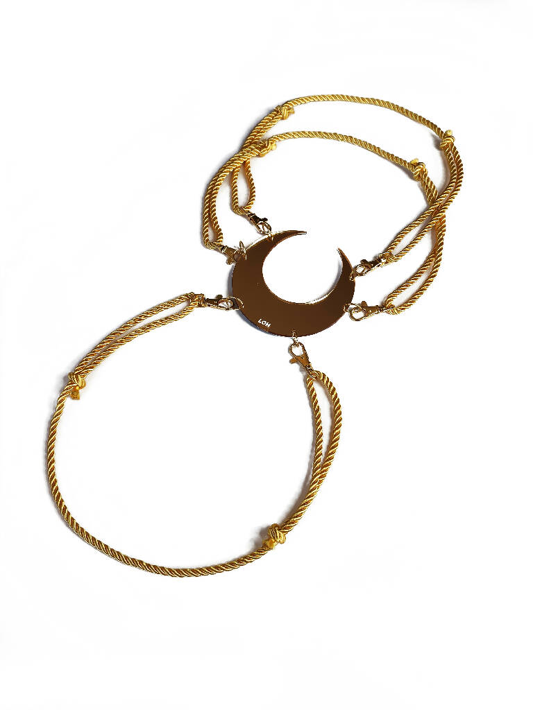 LUNA • Shibari Rope Harness & Belt in Gold Satin Rope Mirror Metallic • Crescent Moon