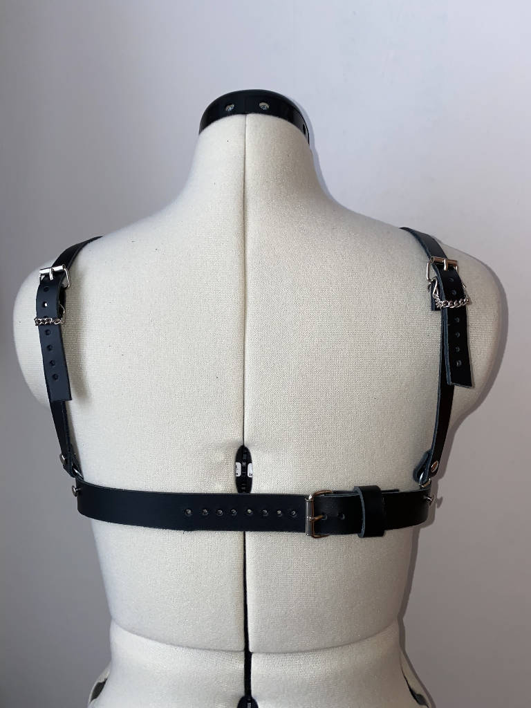 Black Pearl Blossom Leather Cage Harness Bra