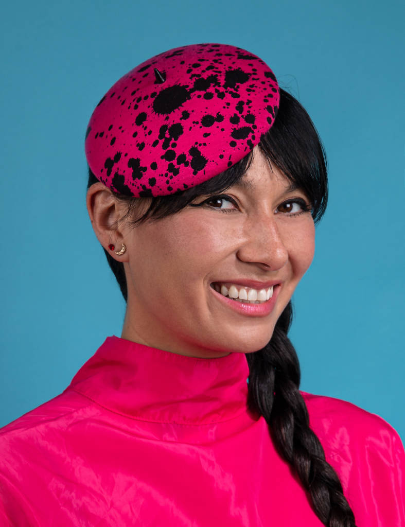 Pink mini hat with splatter design and spike