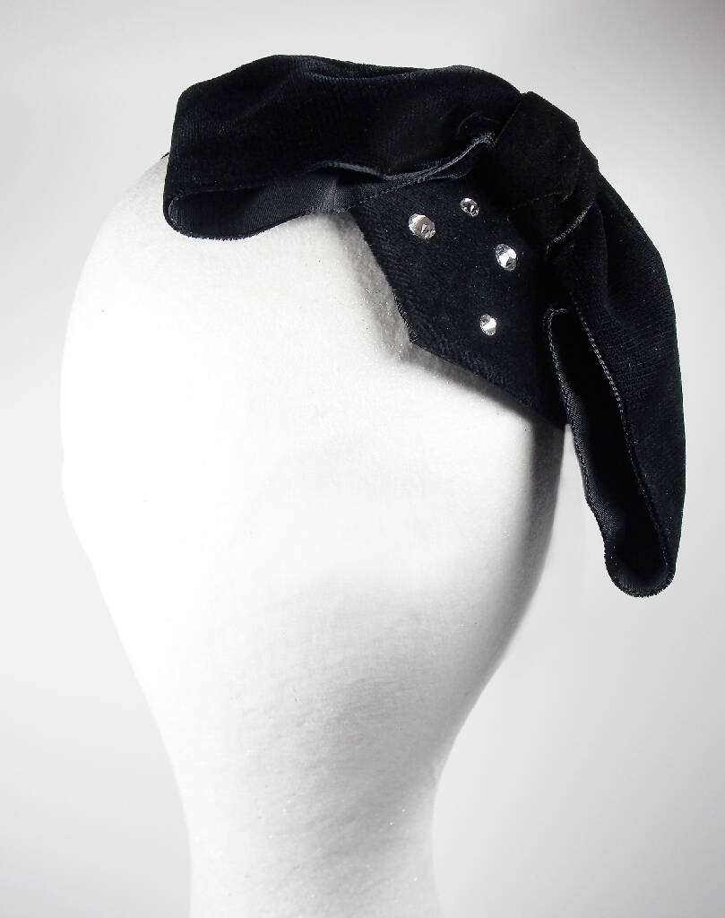 Black velvet mini bow hat with Swarovski crystals