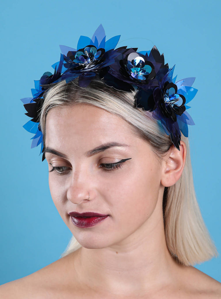 Purple, blue and black vinyl flower hair band