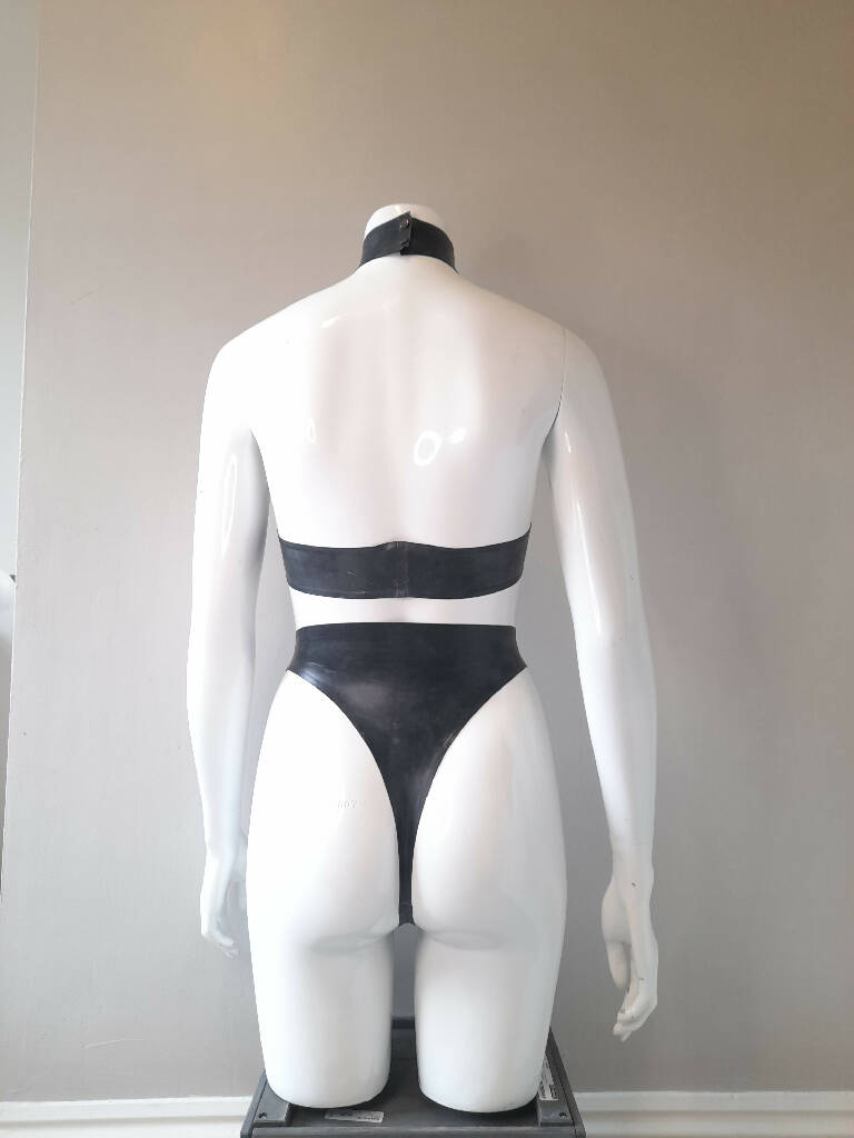 Latex Halter Neck Under-boob Top with O-ring Collar and High-waisted Thong