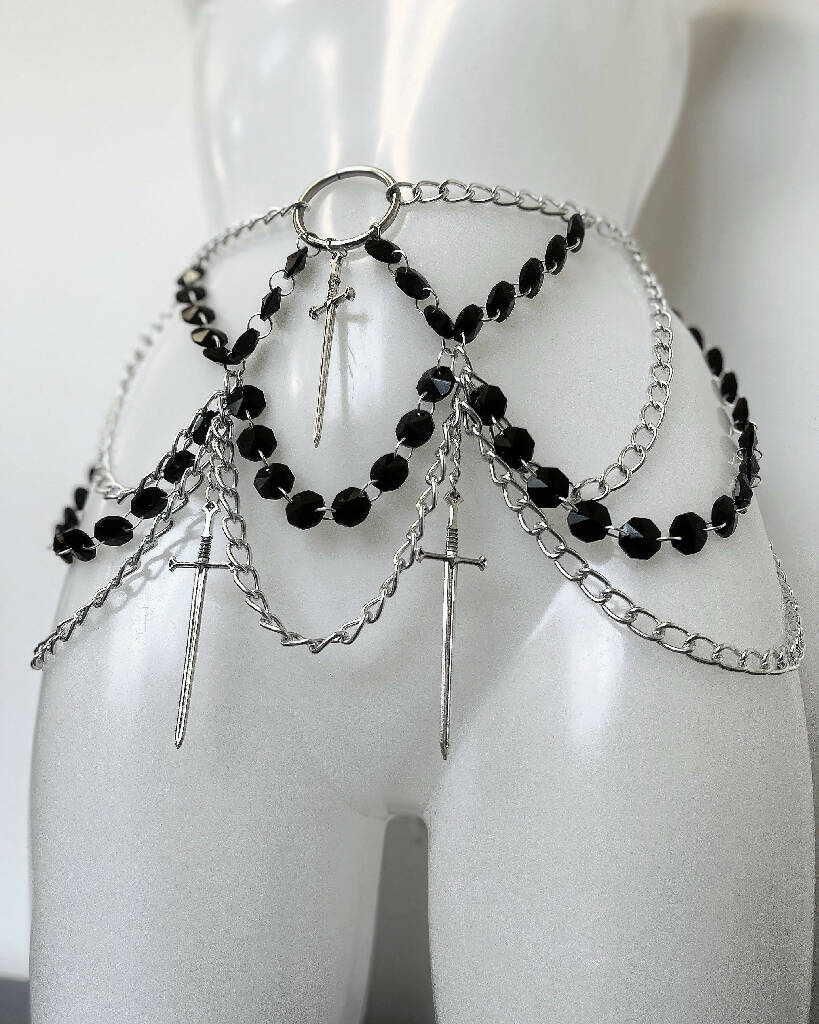 Magdalene black crystal dagger chain belt