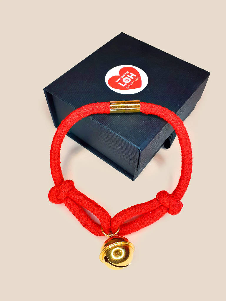 Rope Bell Choker • Maneki Neko • GOLD / SILVER & Red or Black • Magnetic • Adjustable • With Gift Box