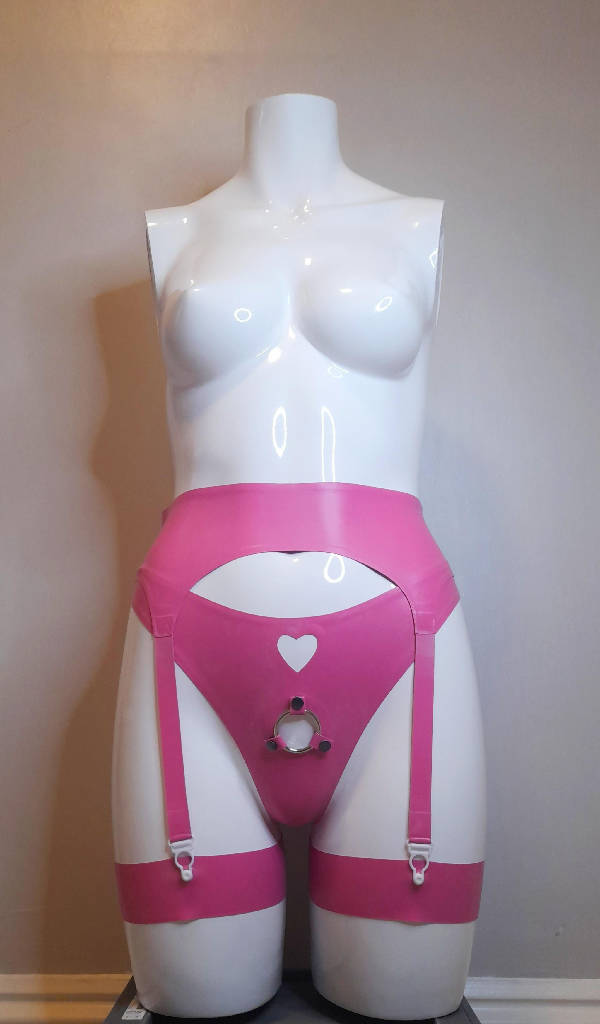 Latex Strap-on Thong with Cut Out Heart, Garter Belt and Thigh Bands, Custom Made