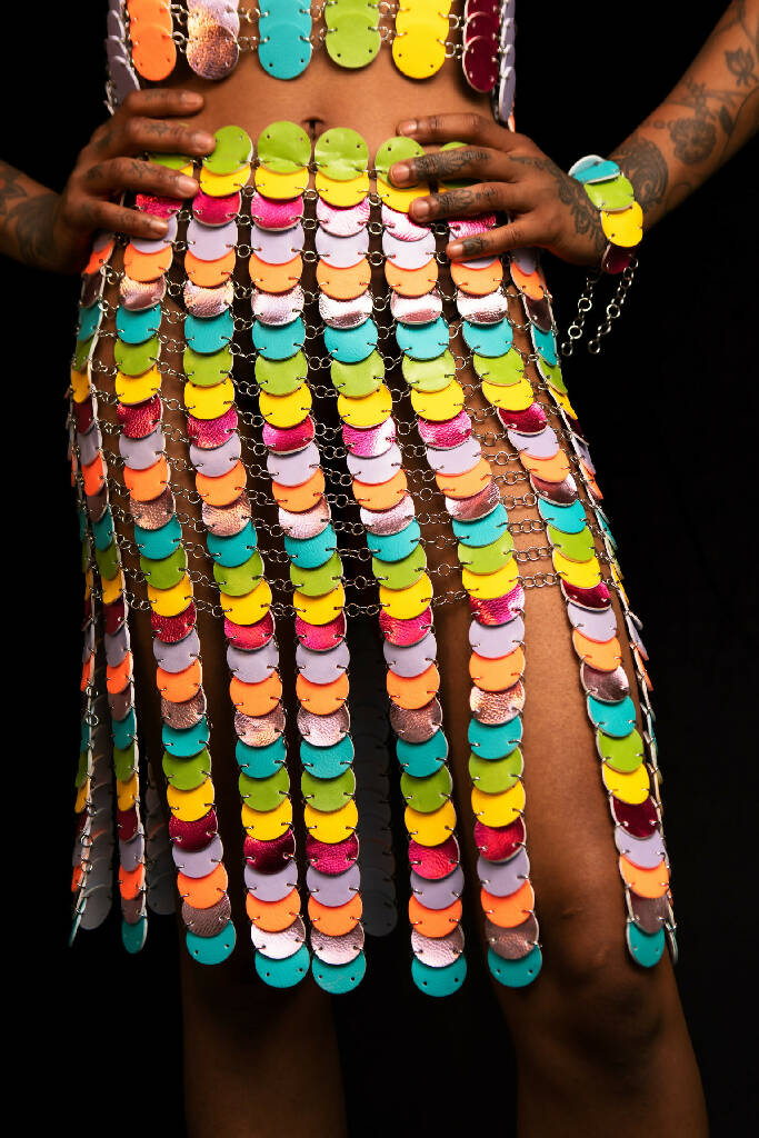 Custom Rainbow co-ord (skirt, top, cuff and earrings)