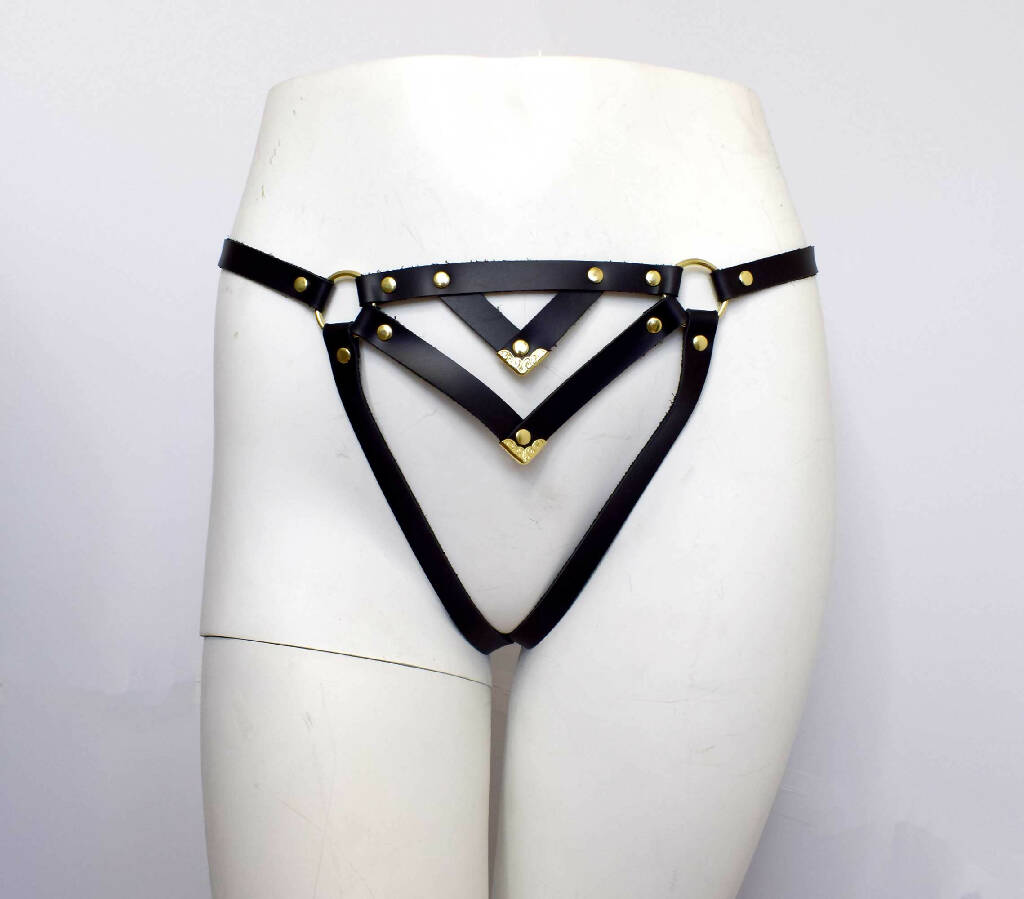 Diamanté Black Leather Frame Panty