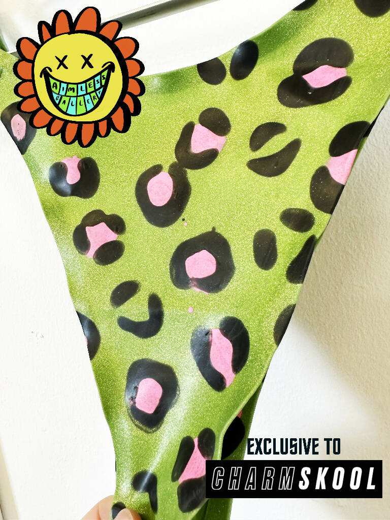 Buckle Me Up Leopard Print Green Glitter Latex Thong