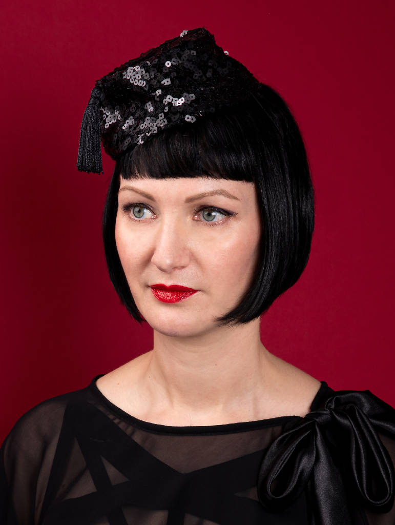 Mini black fez hat with tassel and sequins