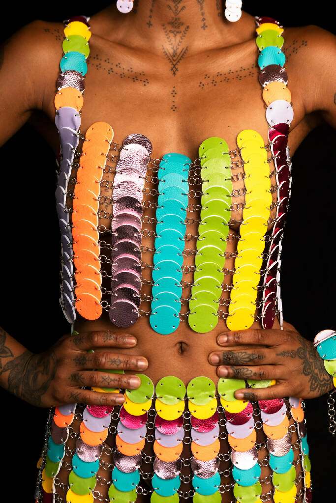 Custom Rainbow co-ord (skirt, top, cuff and earrings)