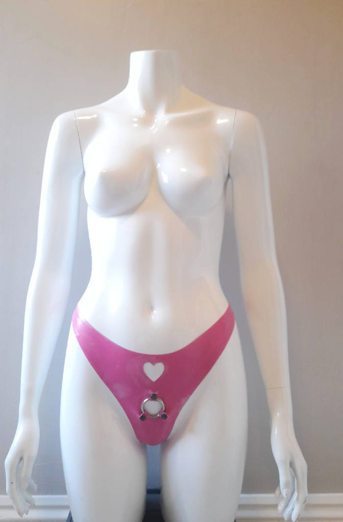 Latex Strap-On O-ring Metal Wear Thong with Cut Out Heart, Custom Made
