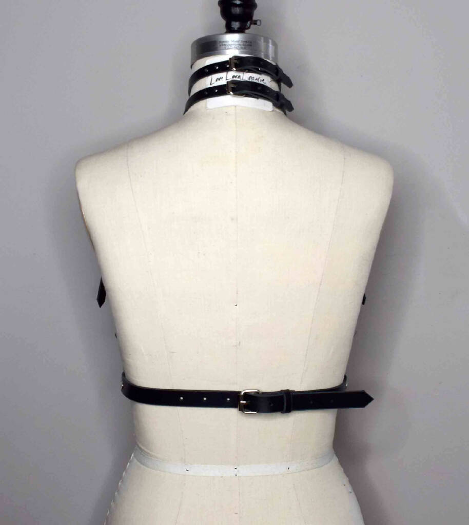 Suzy High Black Neck Leather Harness Bra with Attached Double Collar