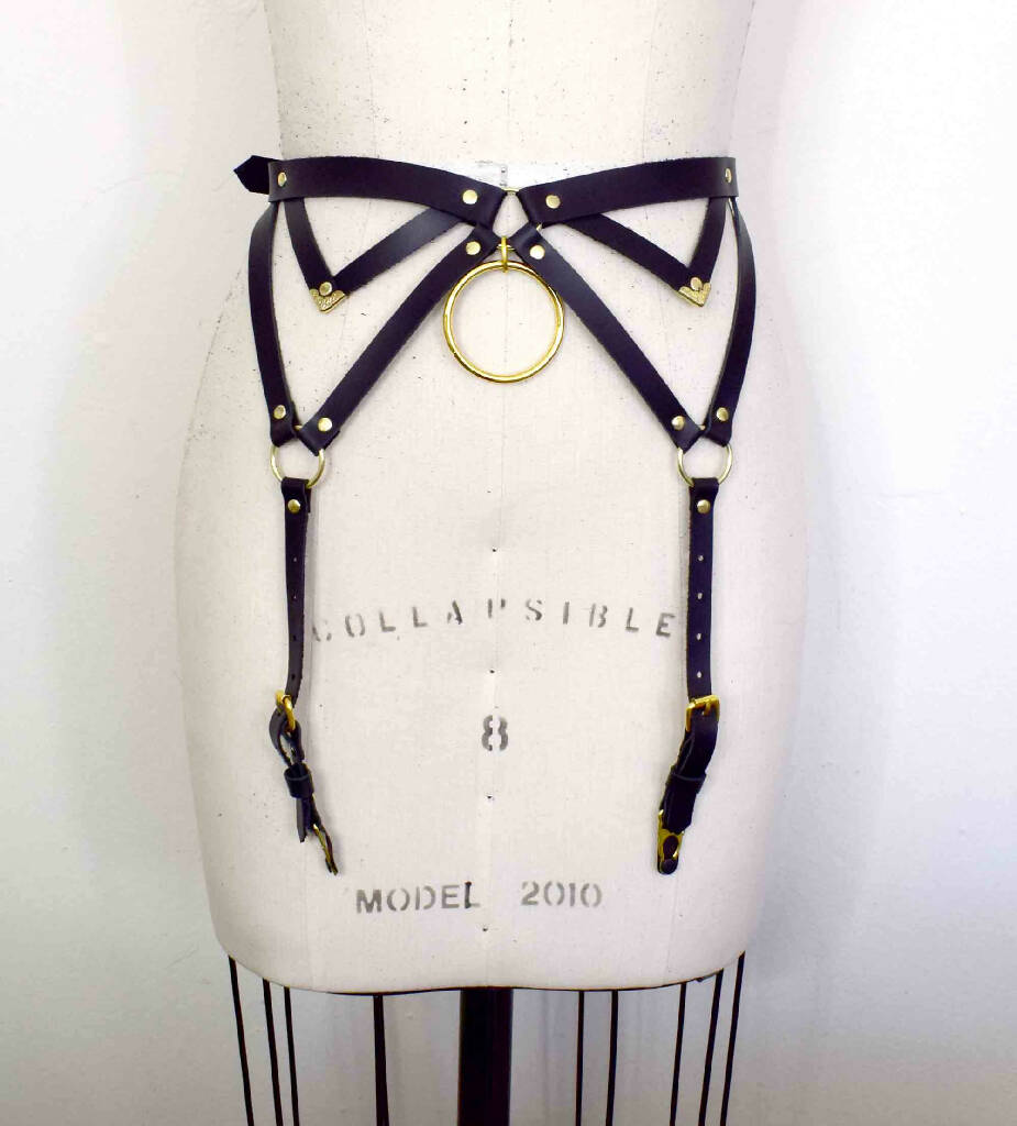 Diamanté Black Leather Garter Belt with Four Garter Straps and Gold Hardware