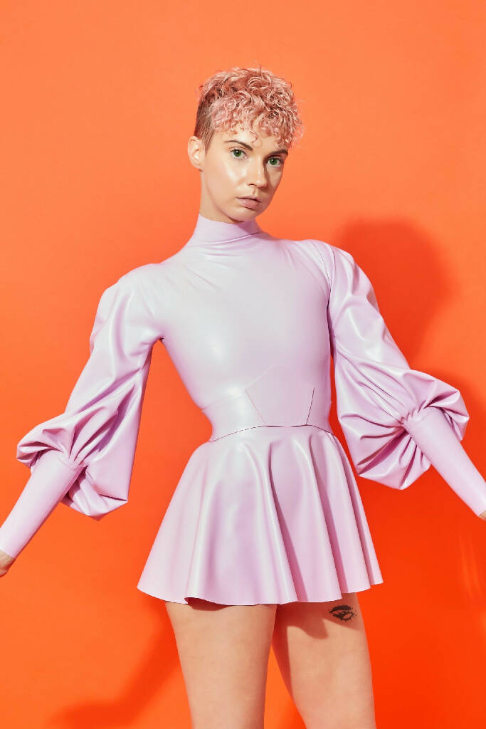 FULL-CIRCLE LATEX BODYSUIT MINI DRESS WITH BISHOP SLEEVES ( PICK YOUR COLOUR )